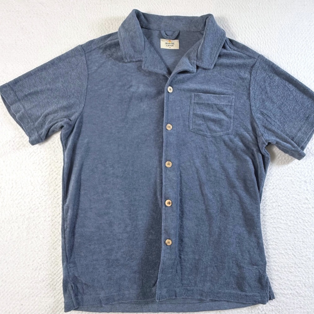 Marine Layer Terry Cloth Shirt Mens M/L Short Sleeve Camp Collar Blue - Picture 2 of 8